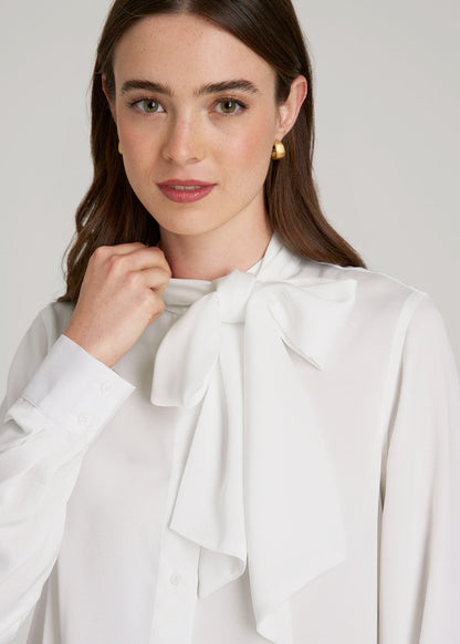 American Tall Women Satin Blouse With Bow for Tall Women in White