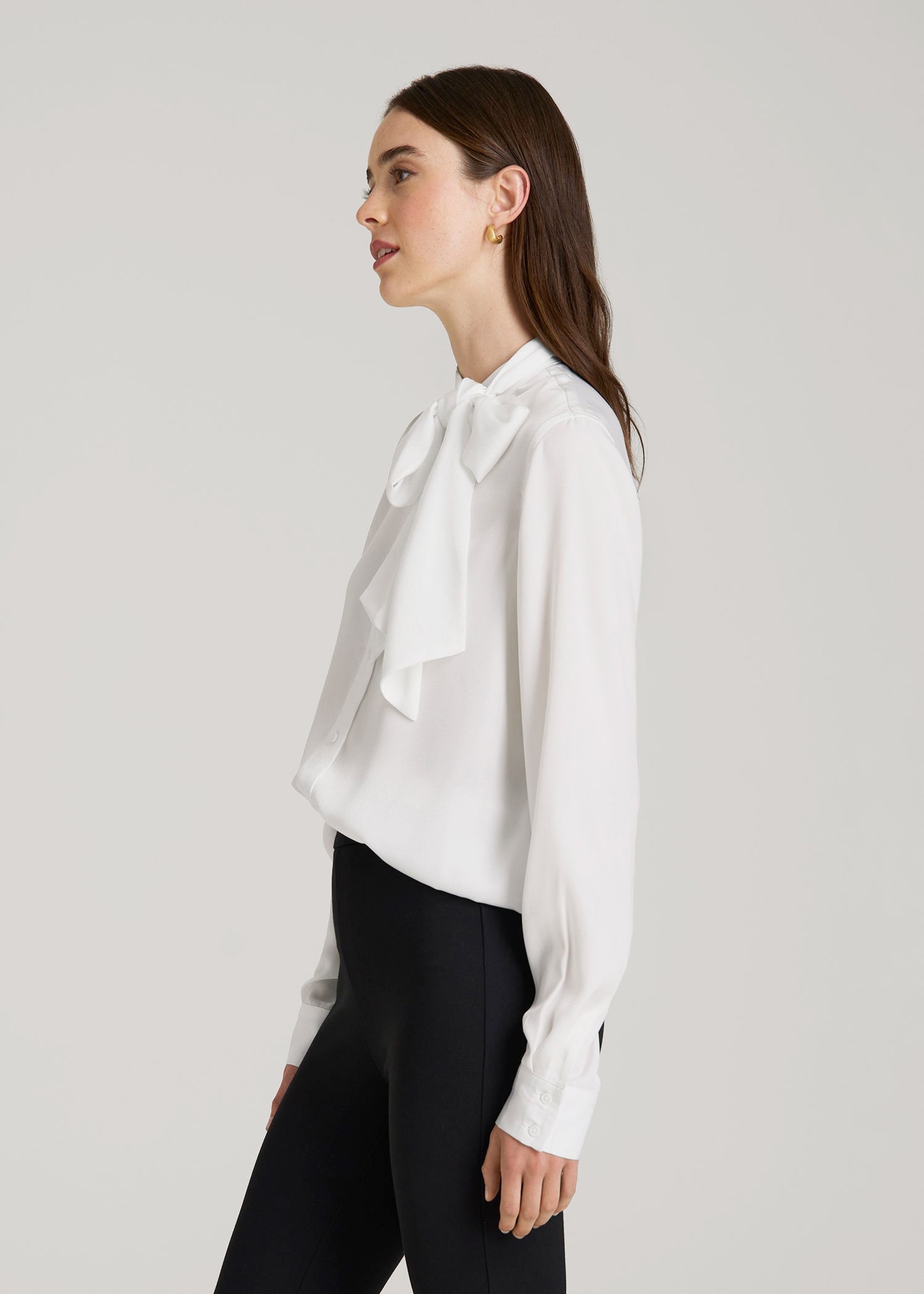 American Tall Women Satin Blouse With Bow for Tall Women in White