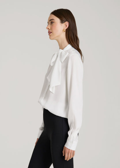 American Tall Women Satin Blouse With Bow for Tall Women in White