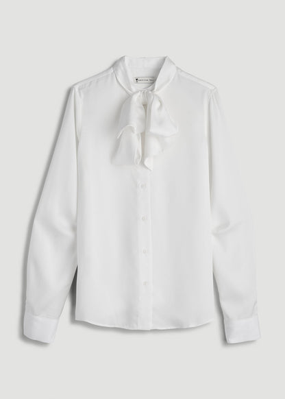 American Tall Women Satin Blouse With Bow for Tall Women in White