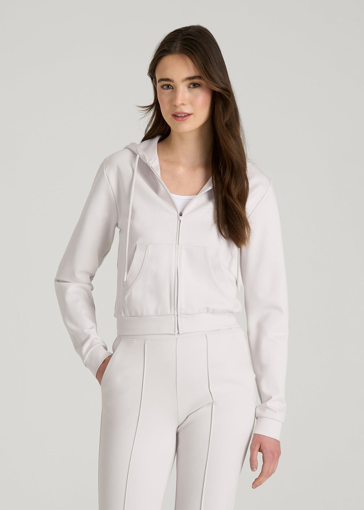 American Tall Women Soft Flex Ponte Cropped Hoodie for Tall Women in White Sand
