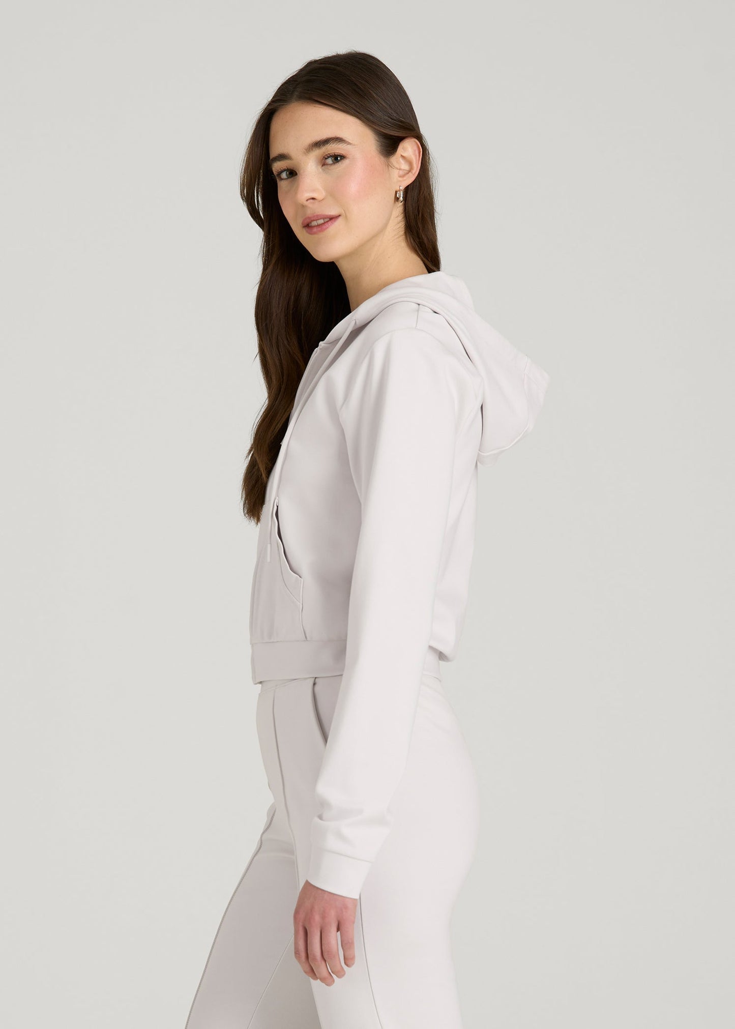 American Tall Women Soft Flex Ponte Cropped Hoodie for Tall Women in White Sand