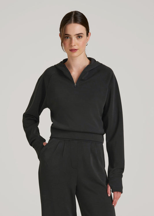 American Tall Women Soft Motion Cropped Zip Up Hoodie for Tall Women in Black
