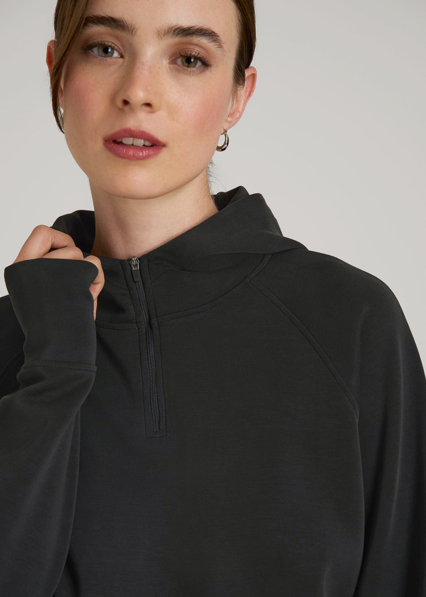 American Tall Women Soft Motion Cropped Zip Up Hoodie for Tall Women in Black