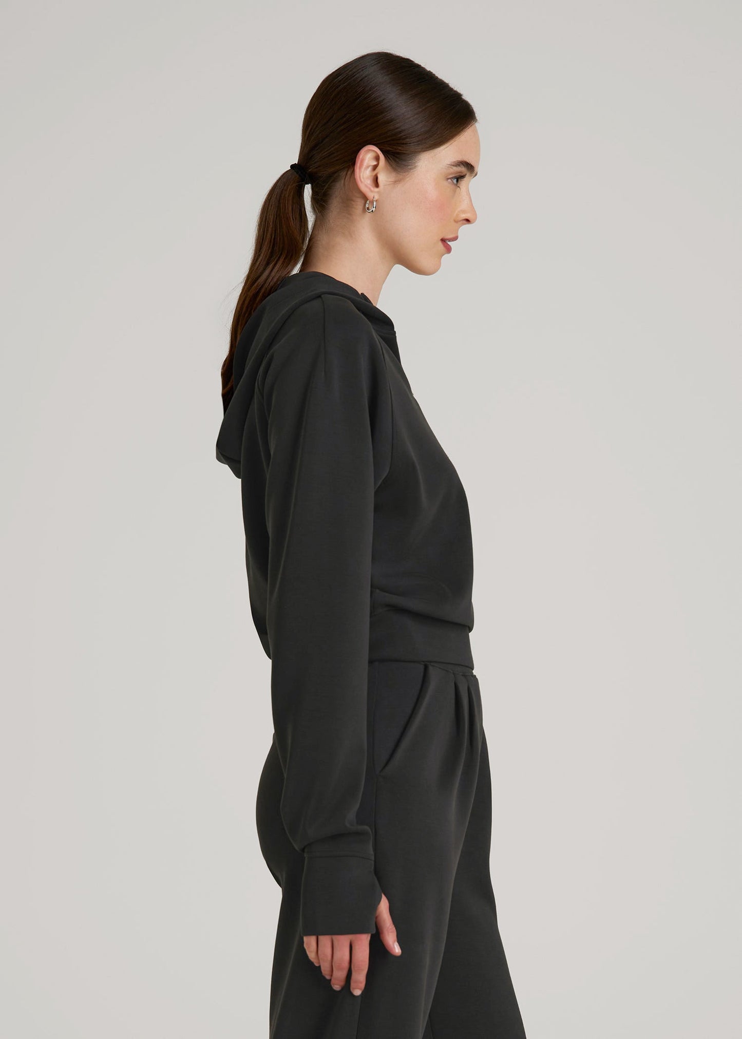 American Tall Women Soft Motion Cropped Zip Up Hoodie for Tall Women in Black
