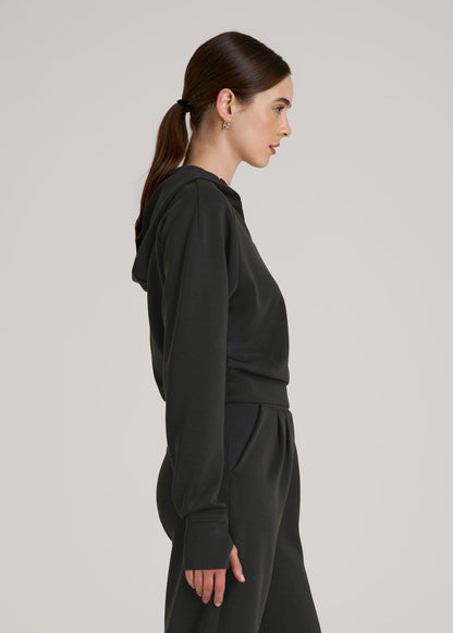 American Tall Women Soft Motion Cropped Zip Up Hoodie for Tall Women in Black