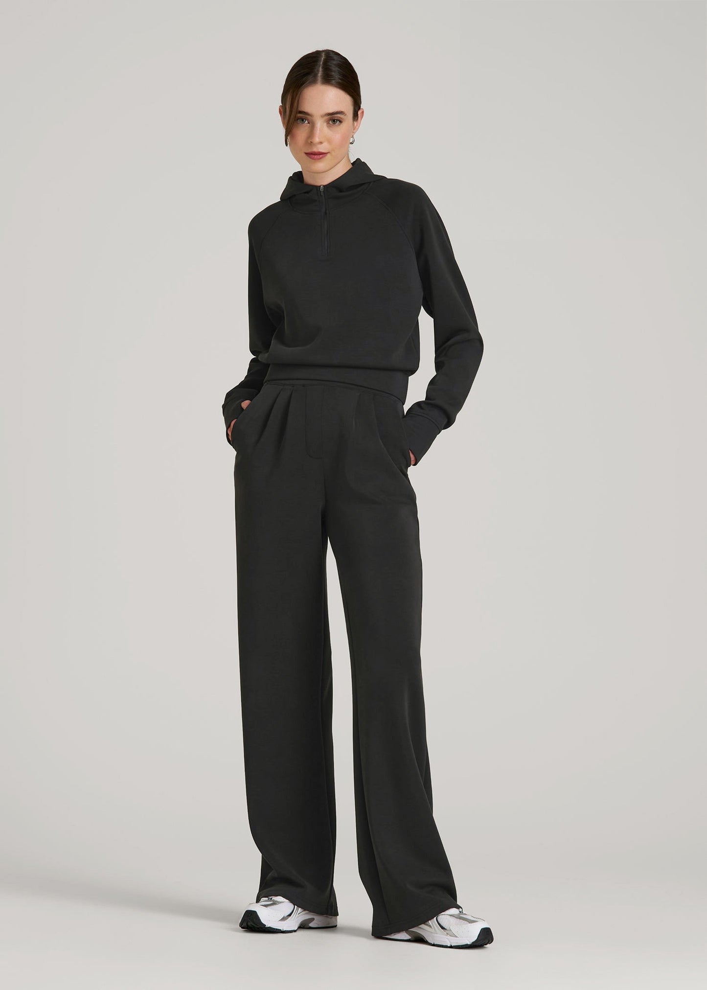 American Tall Women Soft Motion Cropped Zip Up Hoodie for Tall Women in Black