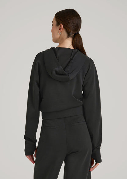 American Tall Women Soft Motion Cropped Zip Up Hoodie for Tall Women in Black