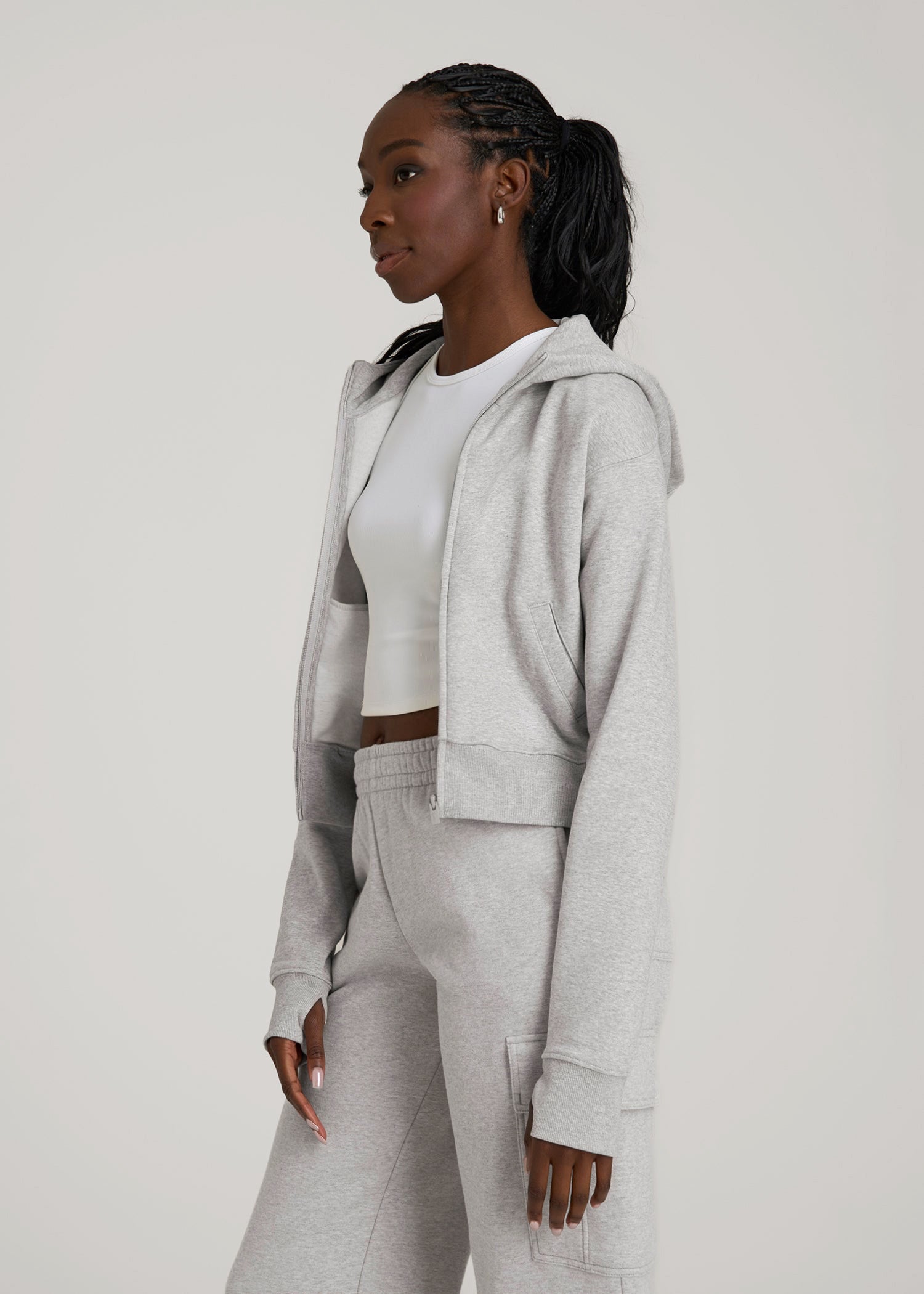 American Tall Women Wearever Fleece Cropped Zip-Up Hoodie for Tall Women in Grey Mix