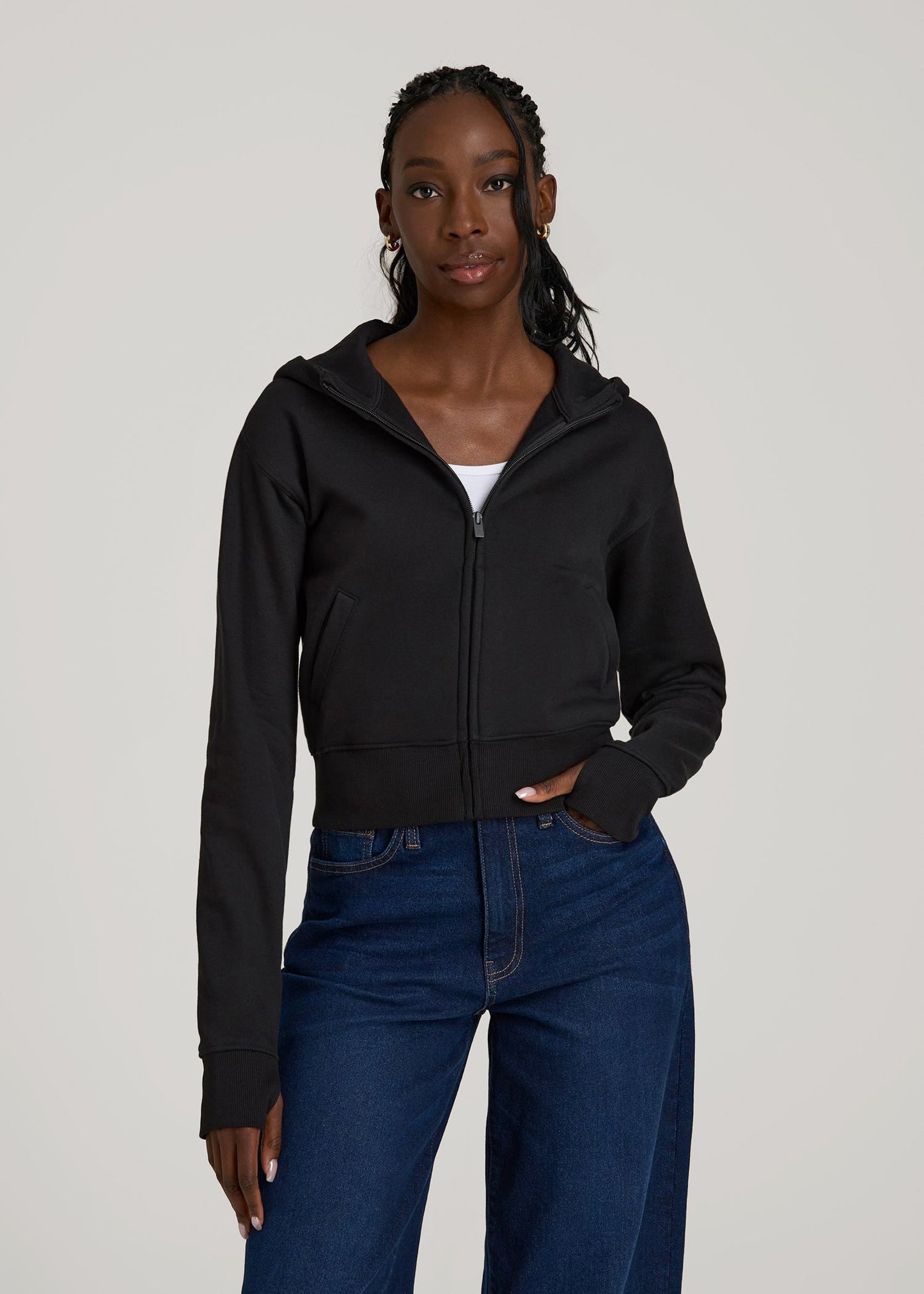 American Tall Women Wearever Fleece Cropped Zip-Up Hoodie for Tall Women in Black