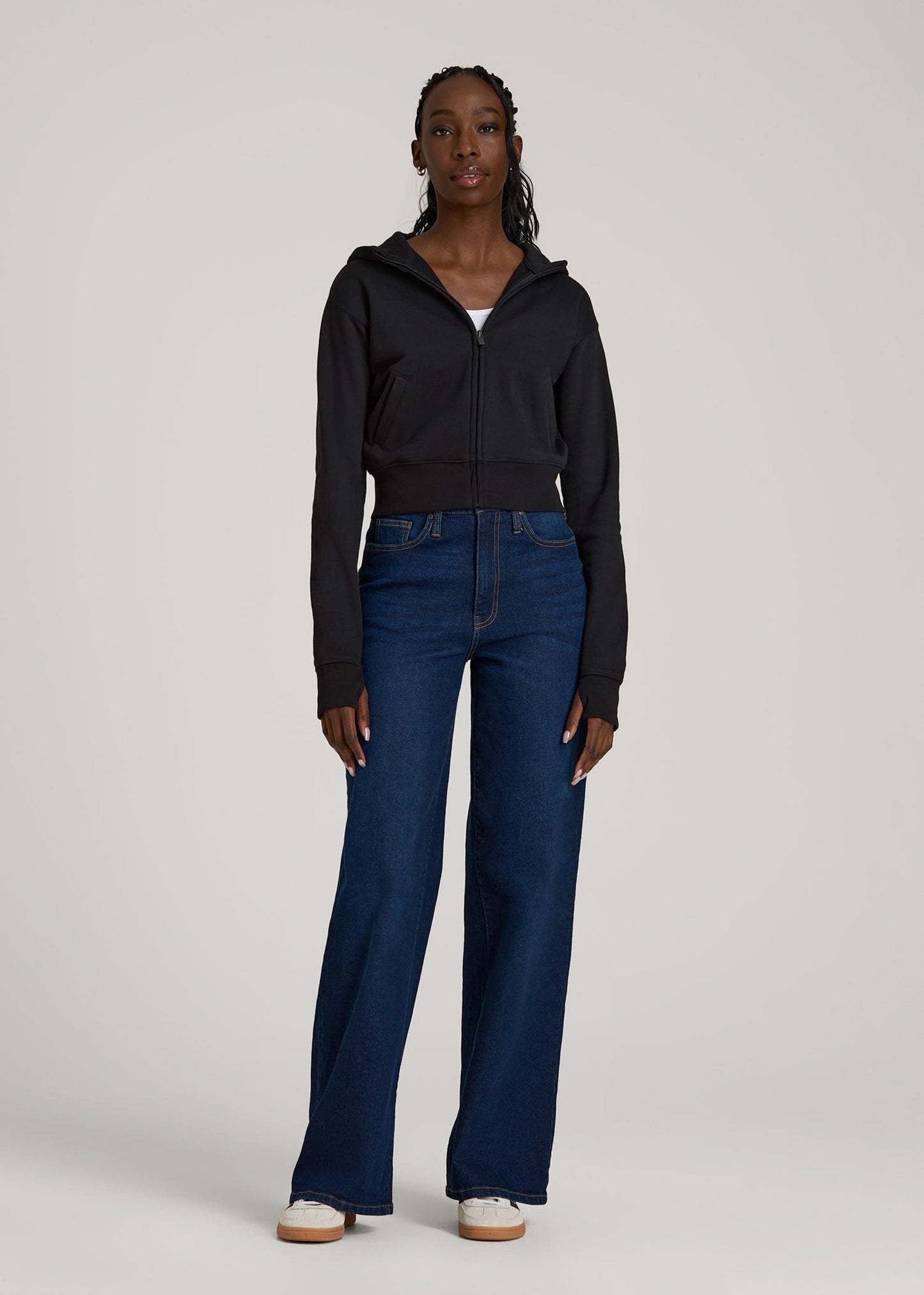 American Tall Women Wearever Fleece Cropped Zip-Up Hoodie for Tall Women in Black