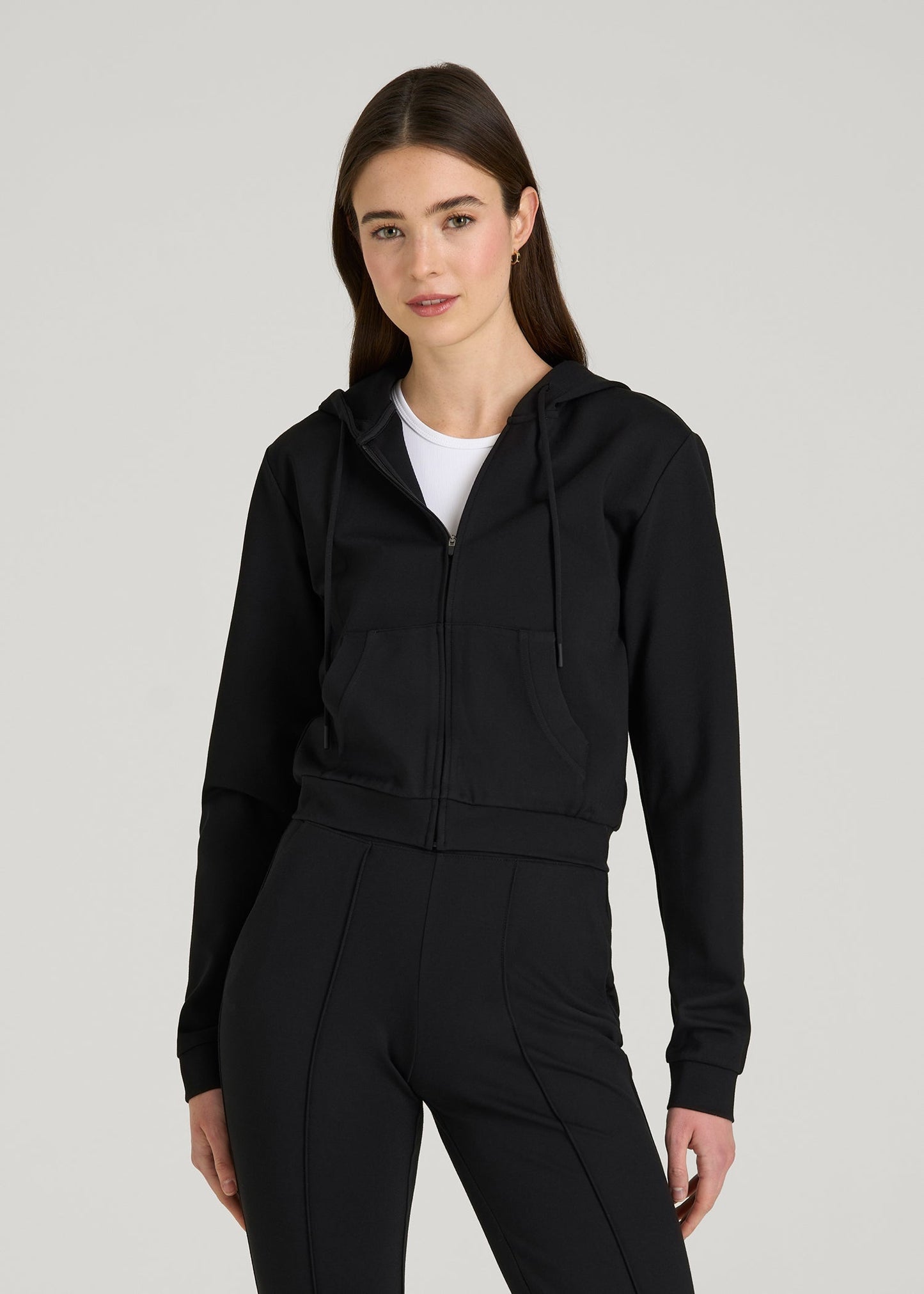 American Tall Women Soft Flex Ponte Cropped Hoodie for Tall Women in Black