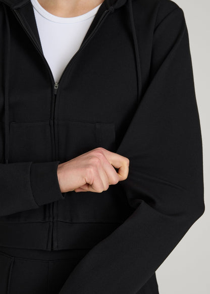 American Tall Women Soft Flex Ponte Cropped Hoodie for Tall Women in Black