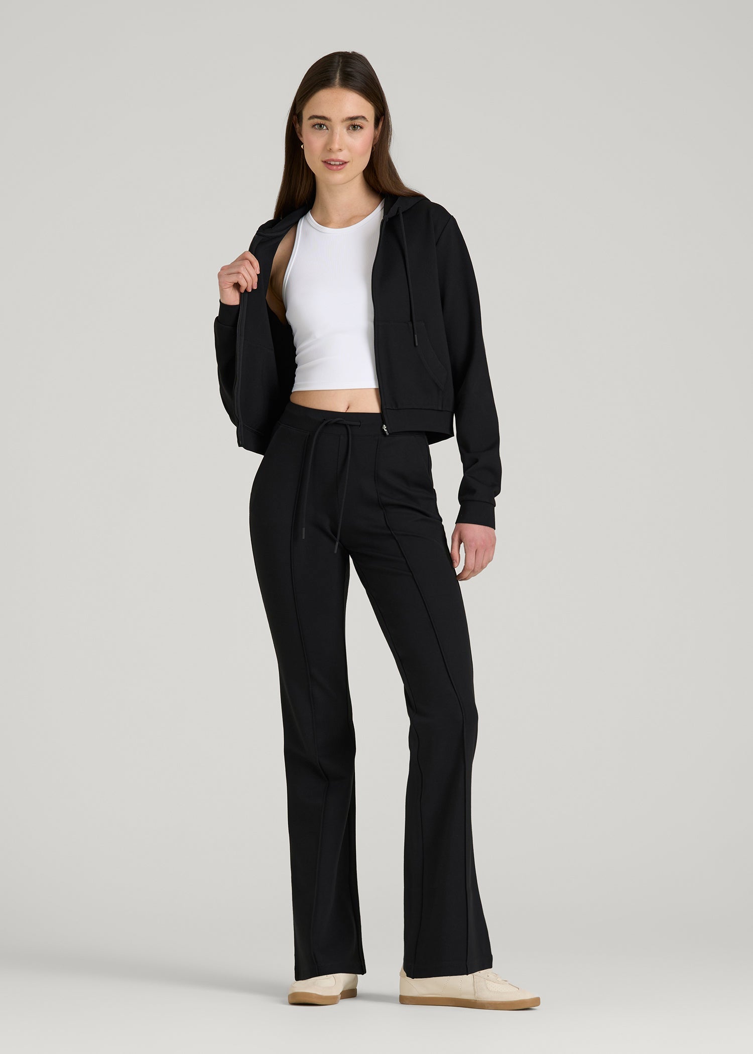 American Tall Women Soft Flex Ponte Cropped Hoodie for Tall Women in Black