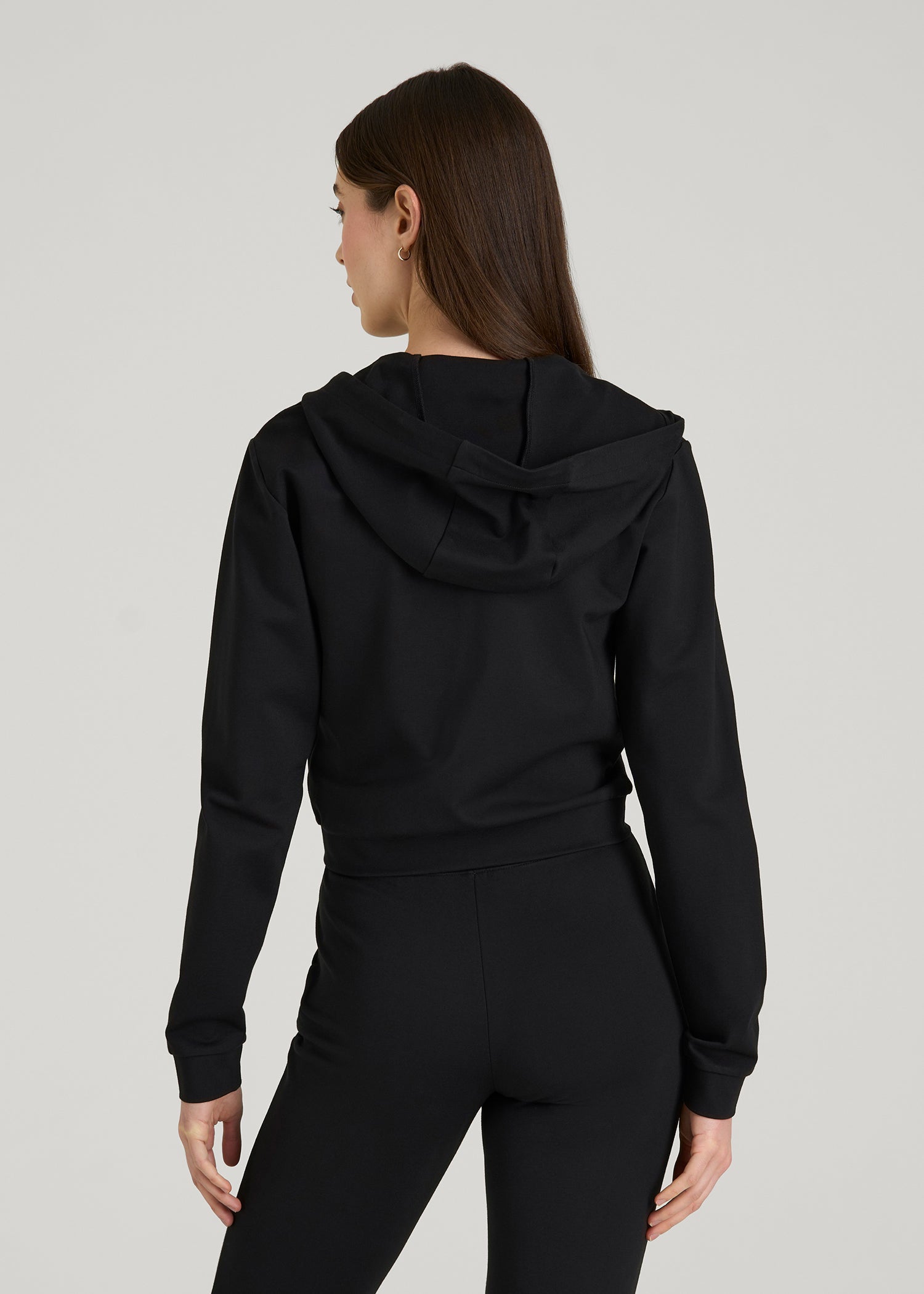 American Tall Women Soft Flex Ponte Cropped Hoodie for Tall Women in Black