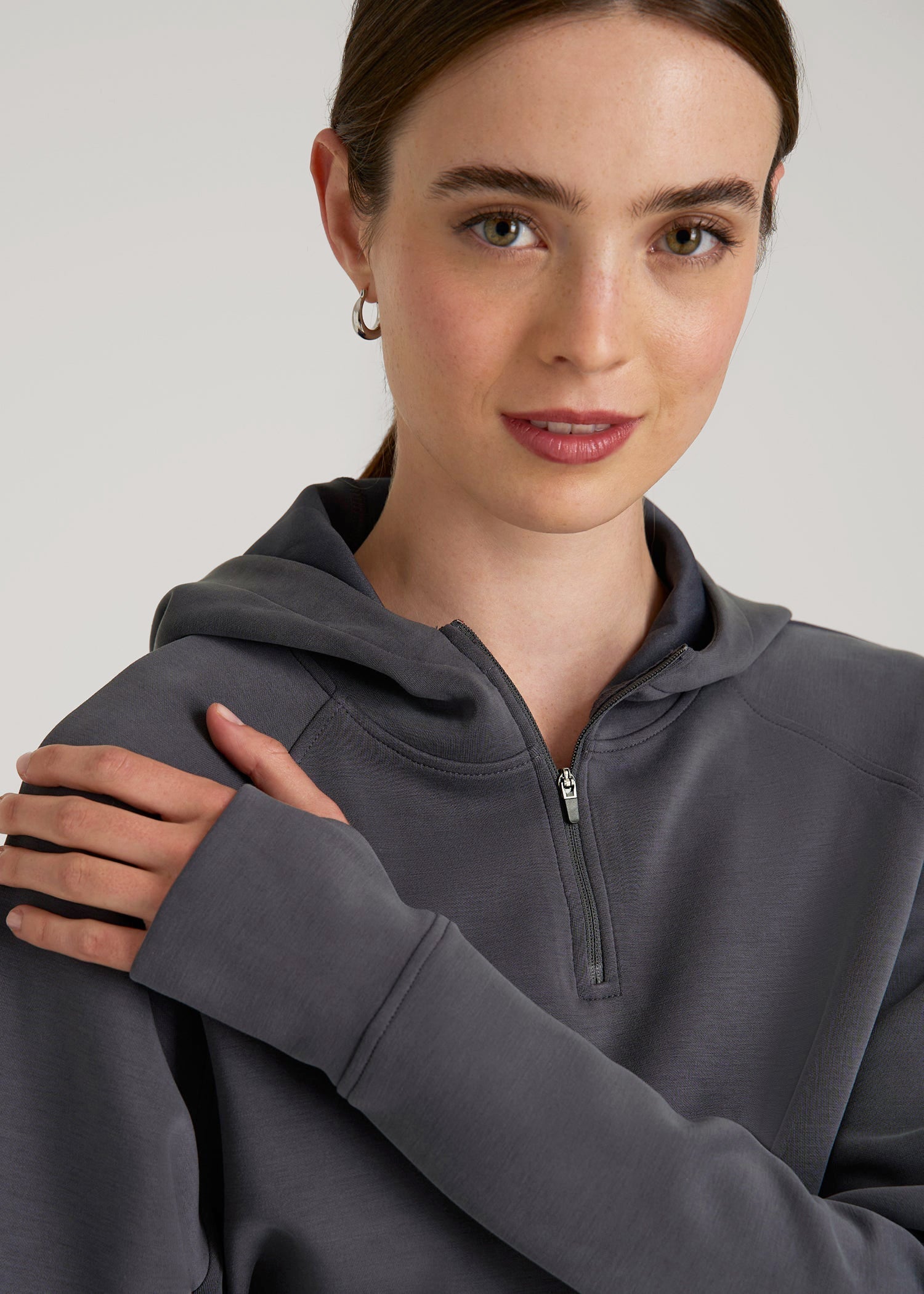 American Tall Women Soft Motion Cropped Zip Up Hoodie for Tall Women in Charcoal Rinse