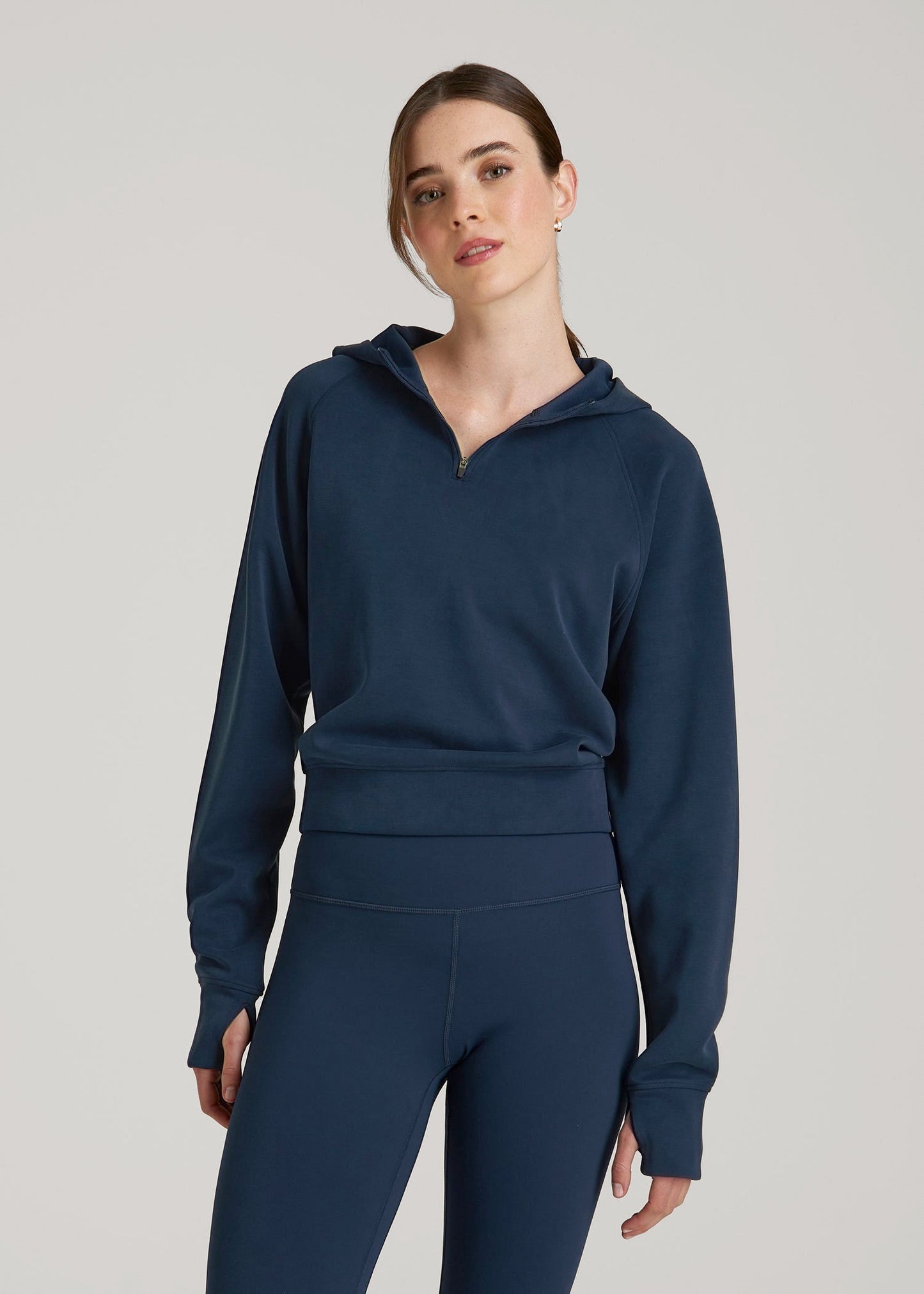 American Tall Women Soft Motion Cropped Zip Up Hoodie for Tall Women in Evening Blue