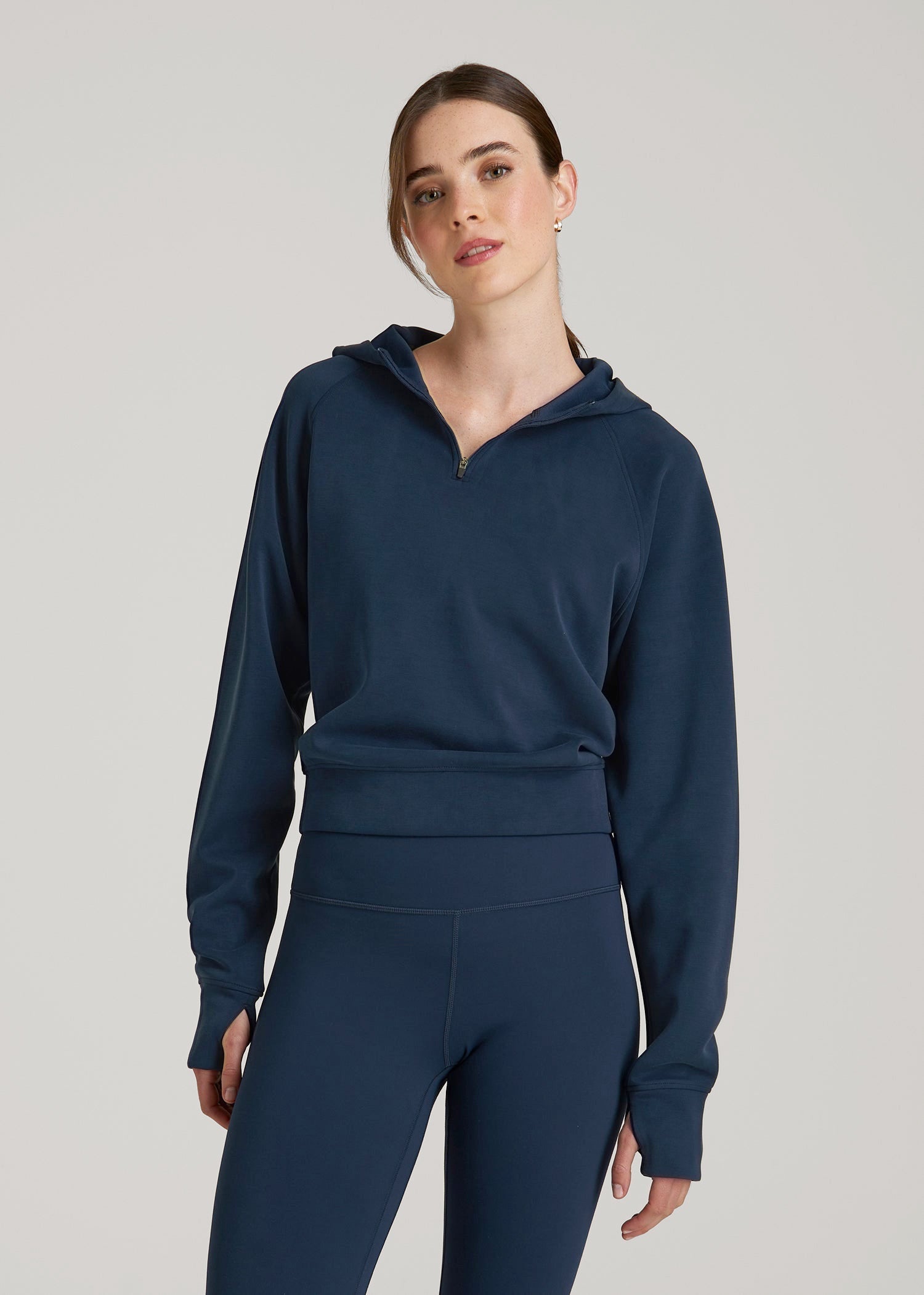 American Tall Women Soft Motion Cropped Zip Up Hoodie for Tall Women in Evening Blue