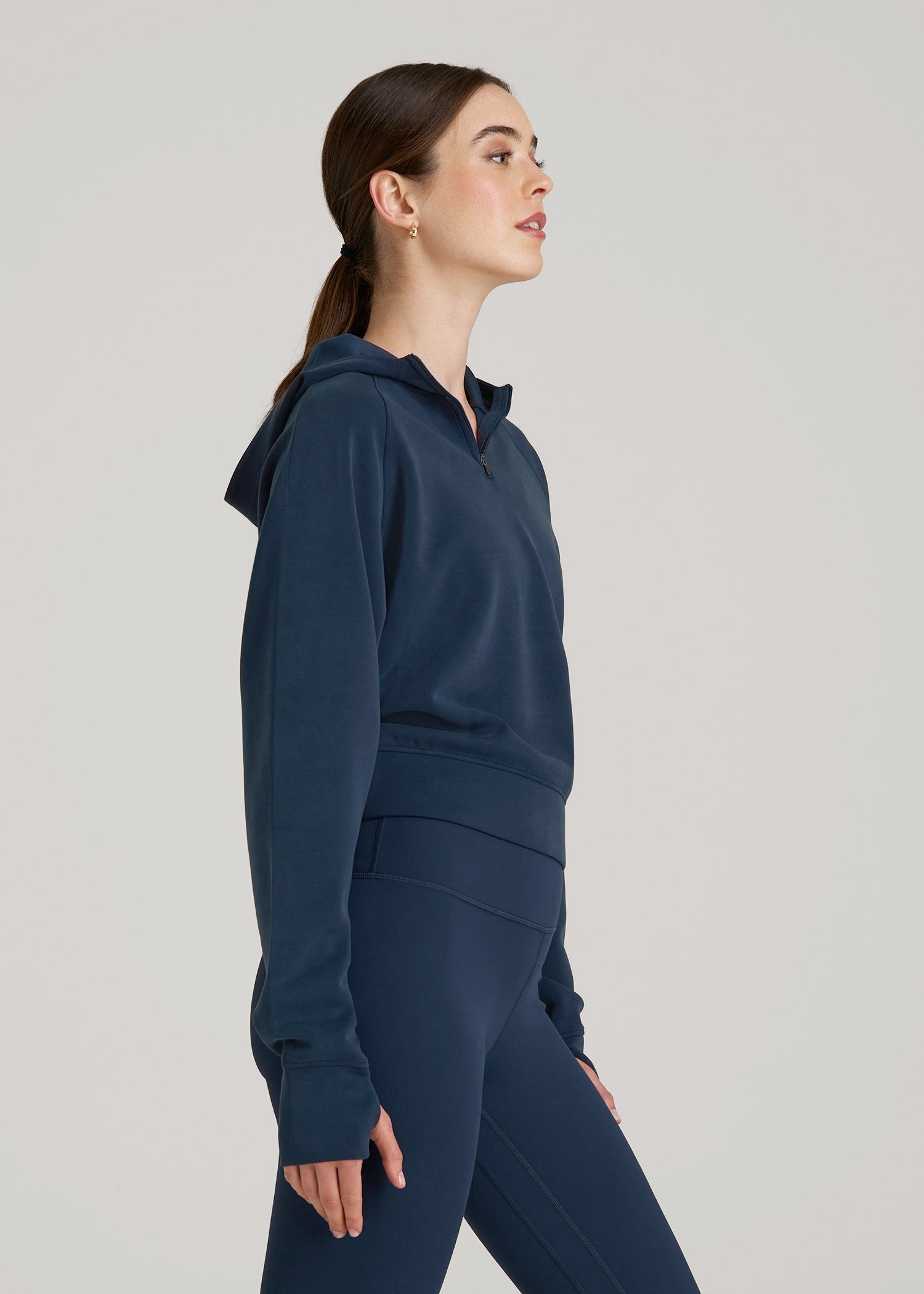 American Tall Women Soft Motion Cropped Zip Up Hoodie for Tall Women in Evening Blue