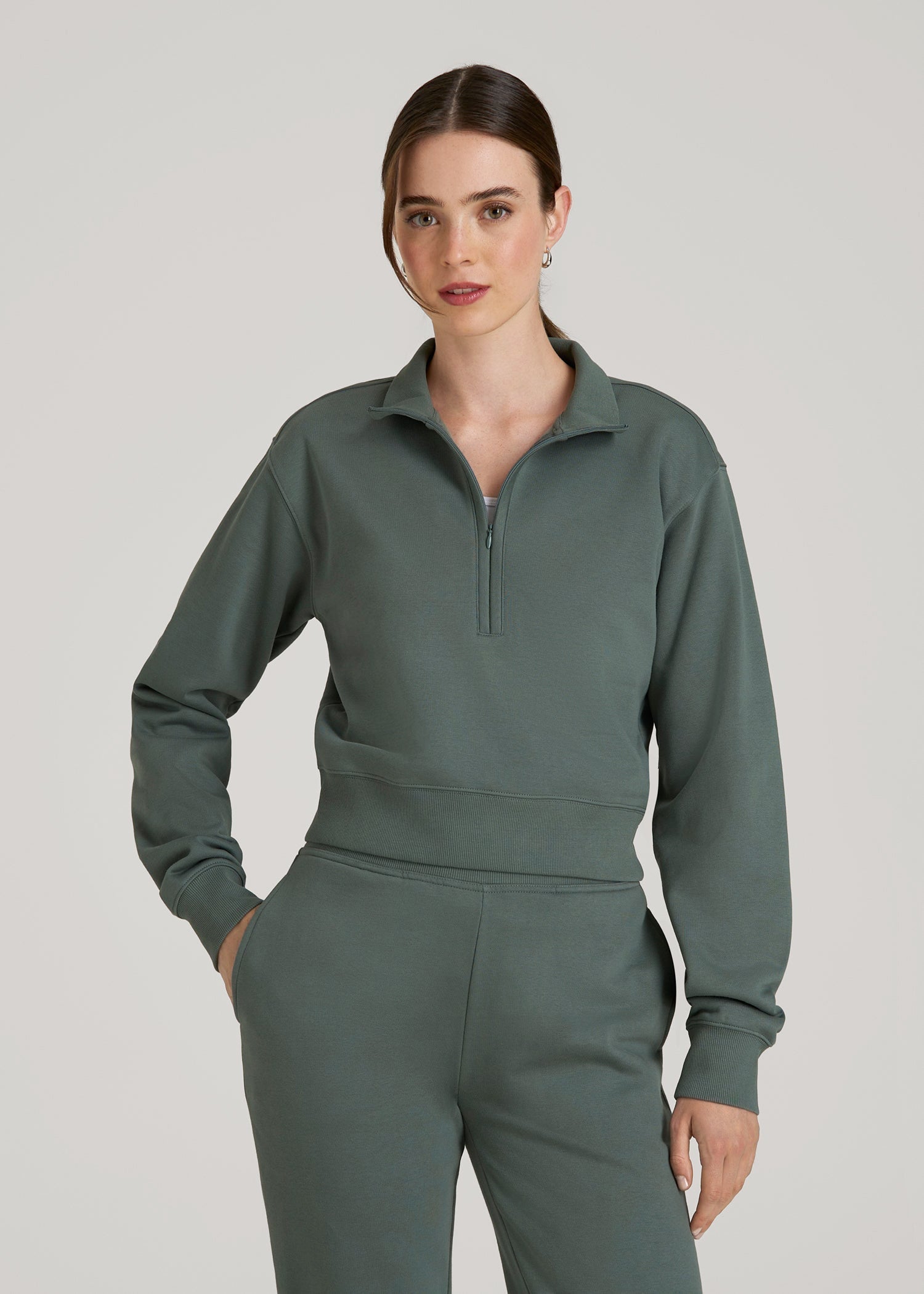 American Tall Women Wearever 2.0 Fleece Half-Zip Cropped Sweatshirt for Tall Women in Balsam Green