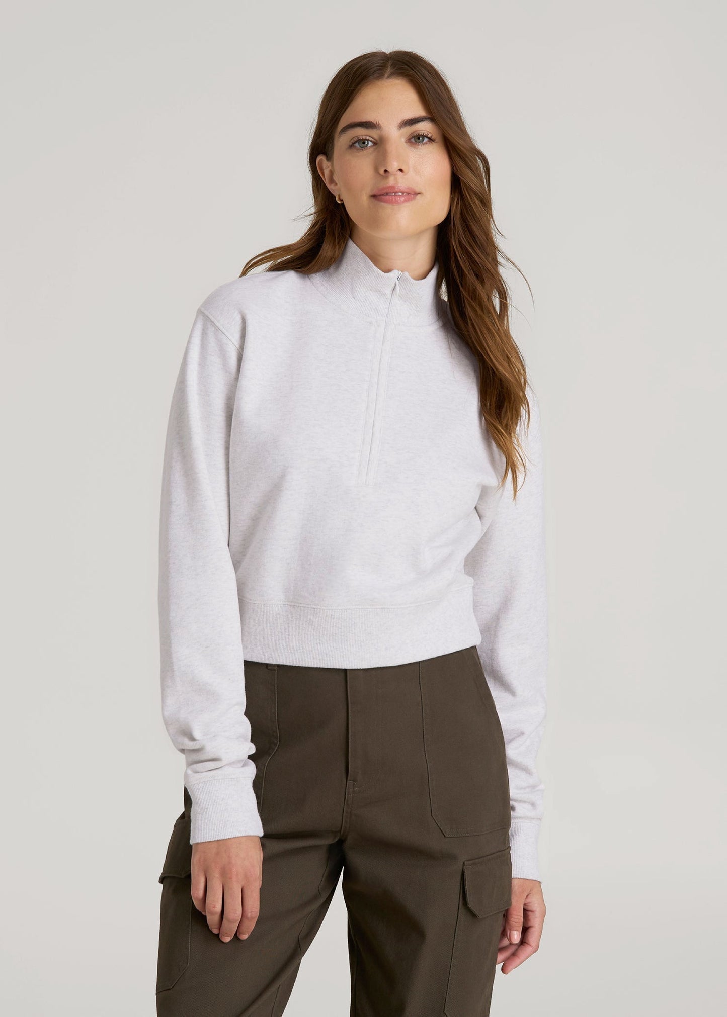 American Tall Women Wearever 2.0 Fleece Half-Zip Cropped Sweatshirt for Tall Women in Heather Cloud White