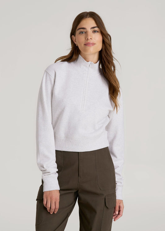 American Tall Women Wearever 2.0 Fleece Half-Zip Cropped Sweatshirt for Tall Women in Heather Cloud White