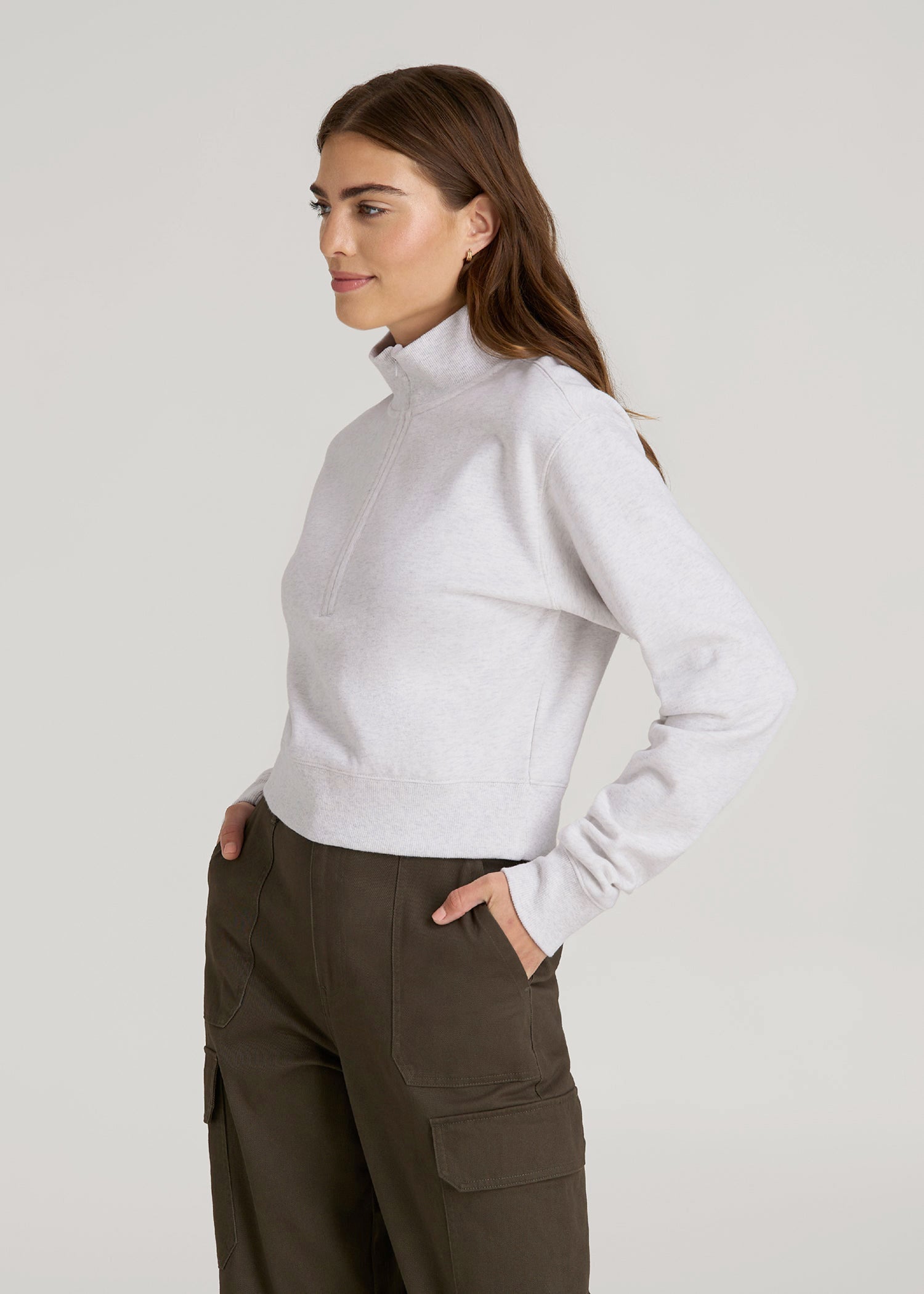 American Tall Women Wearever 2.0 Fleece Half-Zip Cropped Sweatshirt for Tall Women in Heather Cloud White