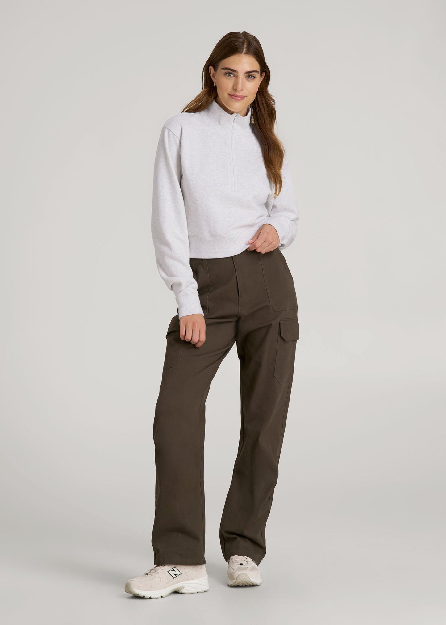 American Tall Women Wearever 2.0 Fleece Half-Zip Cropped Sweatshirt for Tall Women in Heather Cloud White