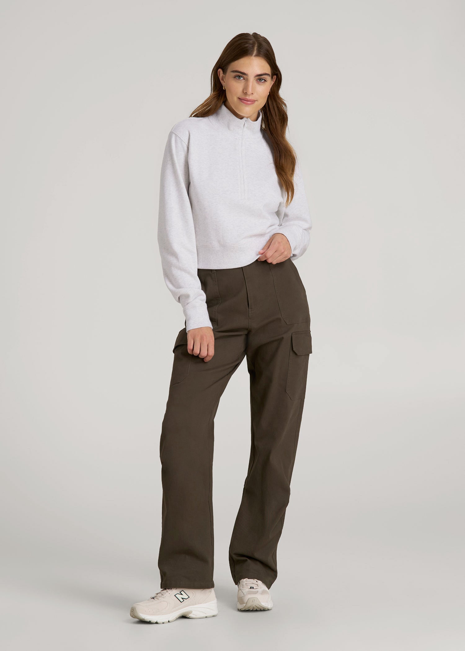 American Tall Women Wearever 2.0 Fleece Half-Zip Cropped Sweatshirt for Tall Women in Heather Cloud White