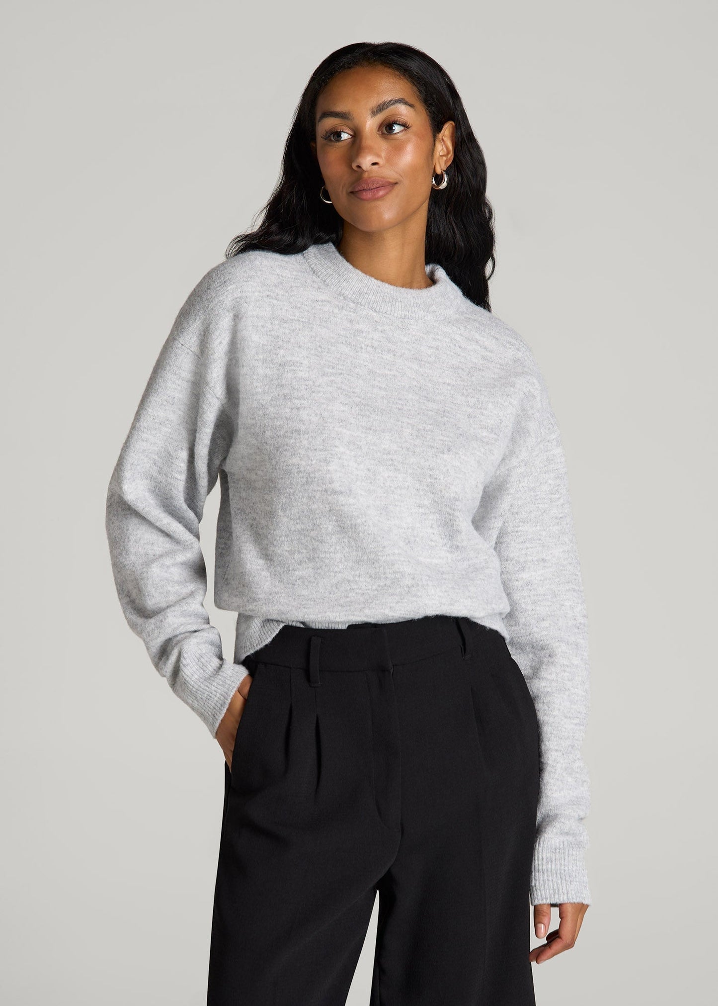 American Tall Women Relaxed Crewneck Wool Blend Sweater for Tall Women in Grey Mix