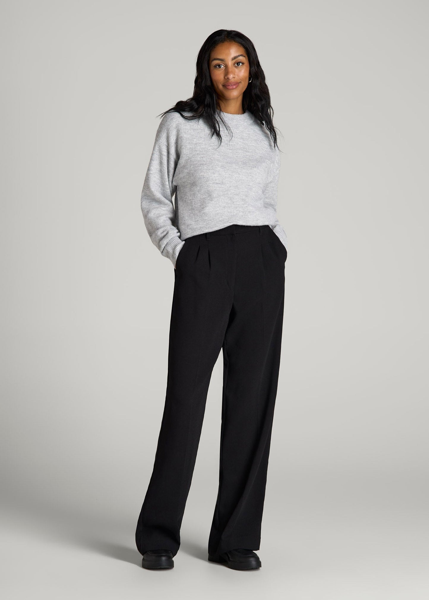 American Tall Women Relaxed Crewneck Wool Blend Sweater for Tall Women in Grey Mix