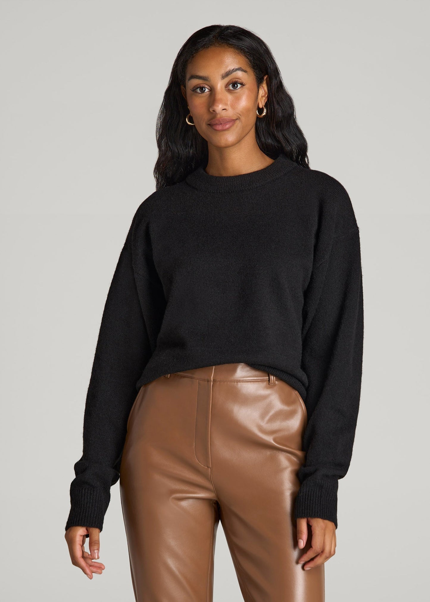 American Tall Women Relaxed Crewneck Wool Blend Sweater for Tall Women in Black