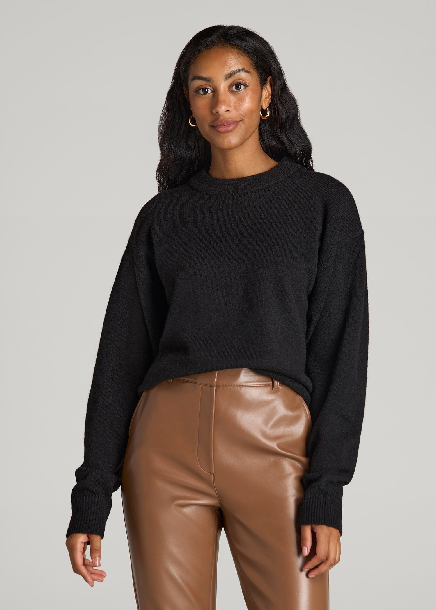 American Tall Women Relaxed Crewneck Wool Blend Sweater for Tall Women in Black