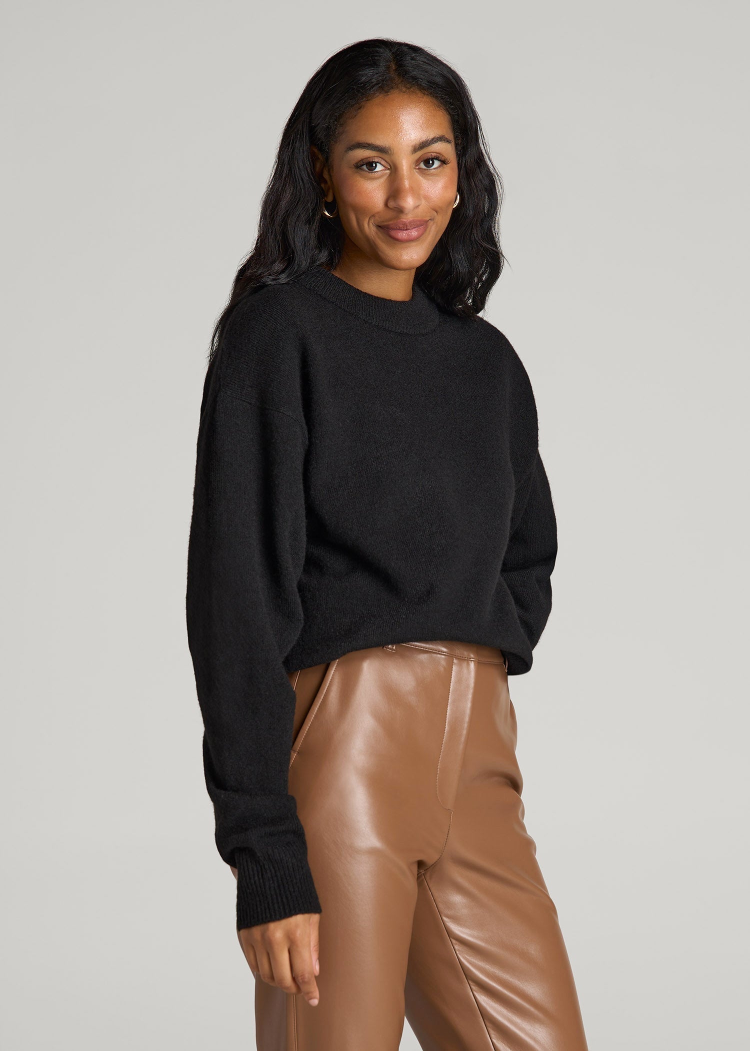 American Tall Women Relaxed Crewneck Wool Blend Sweater for Tall Women in Black