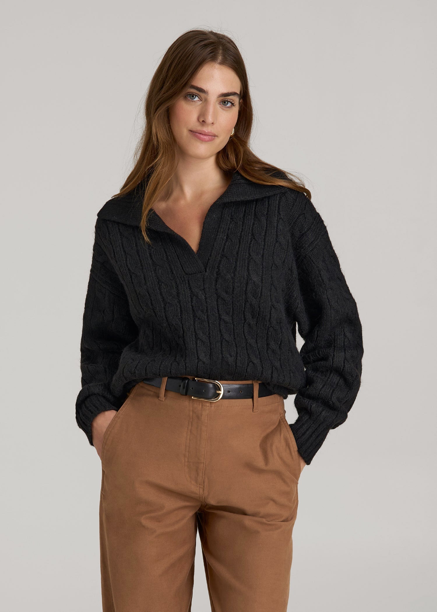 American Tall Women Johnny Collar Cable Knit Sweater for Tall Women in Black