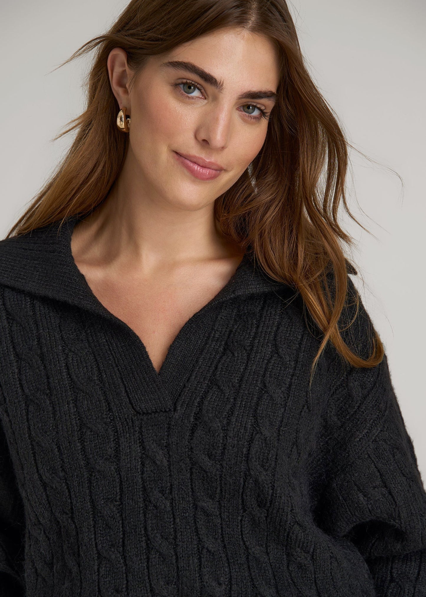 American Tall Women Johnny Collar Cable Knit Sweater for Tall Women in Black