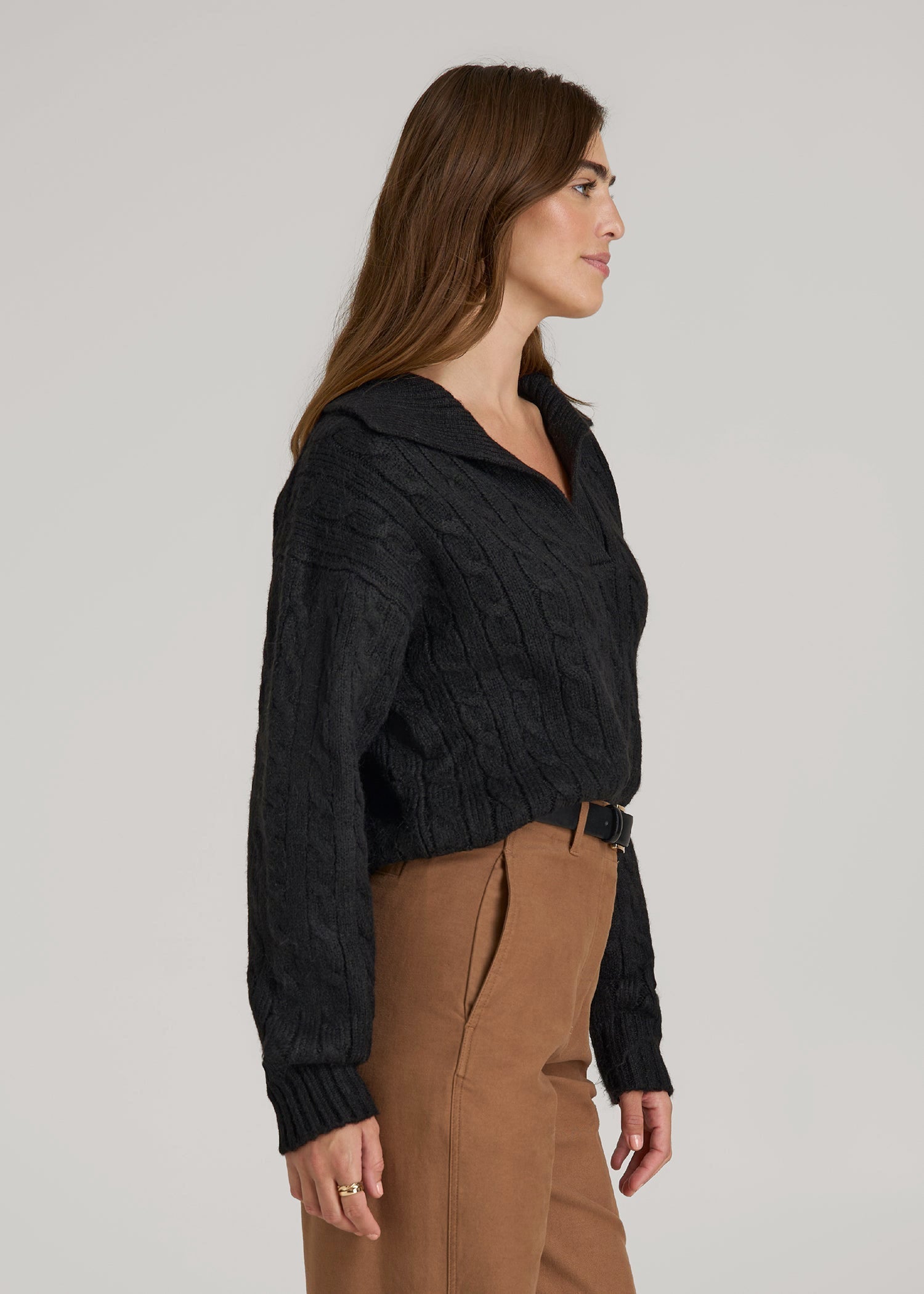 American Tall Women Johnny Collar Cable Knit Sweater for Tall Women in Black