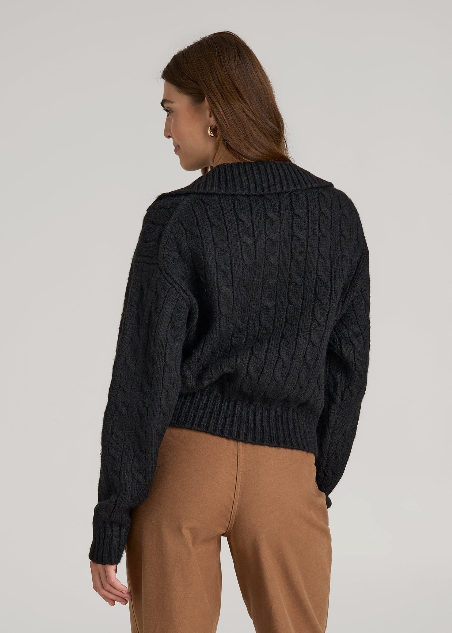 American Tall Women Johnny Collar Cable Knit Sweater for Tall Women in Black