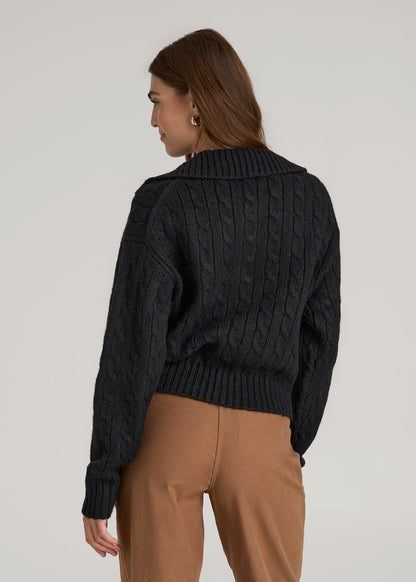 American Tall Women Johnny Collar Cable Knit Sweater for Tall Women in Black