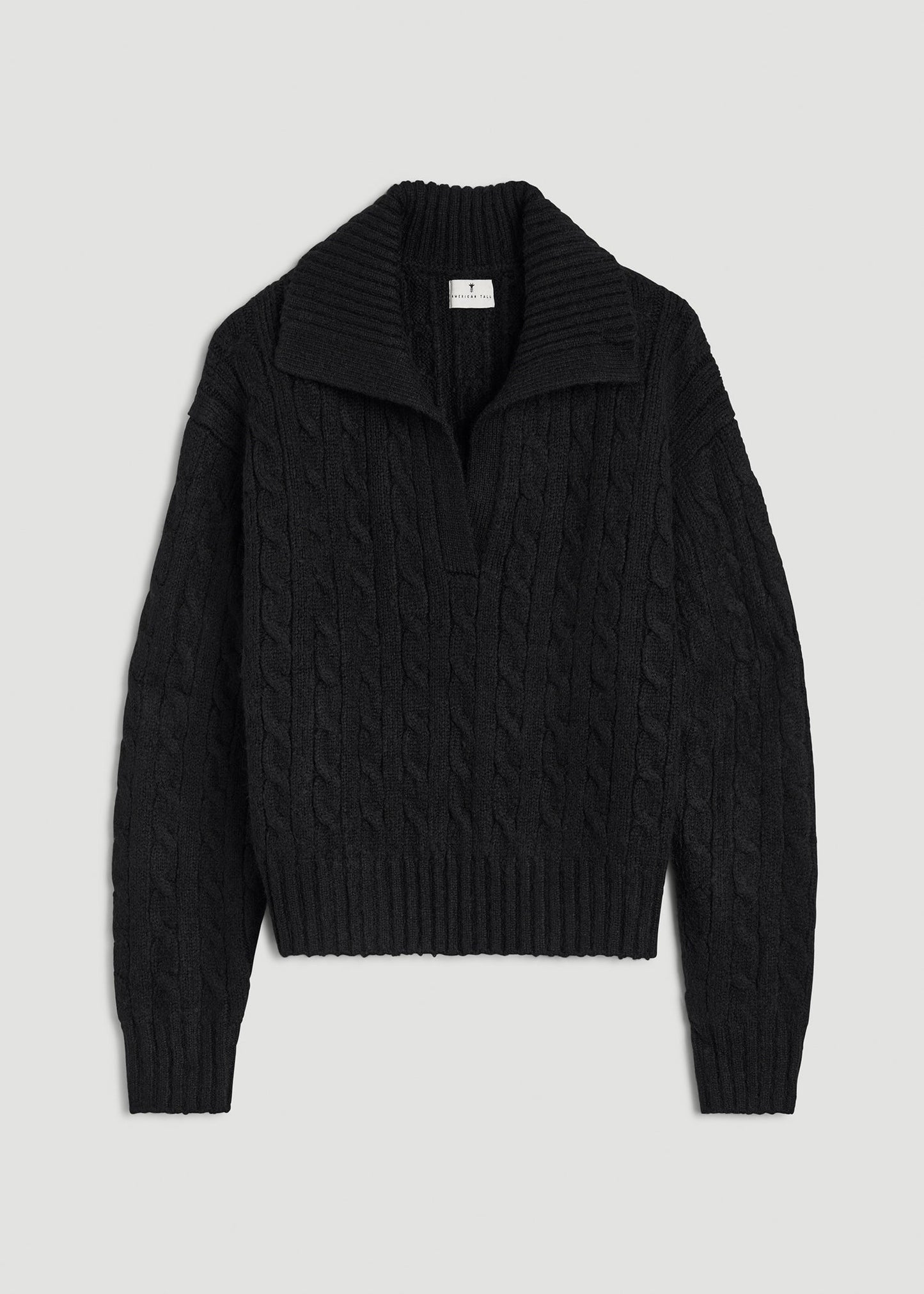 American Tall Women Johnny Collar Cable Knit Sweater for Tall Women in Black