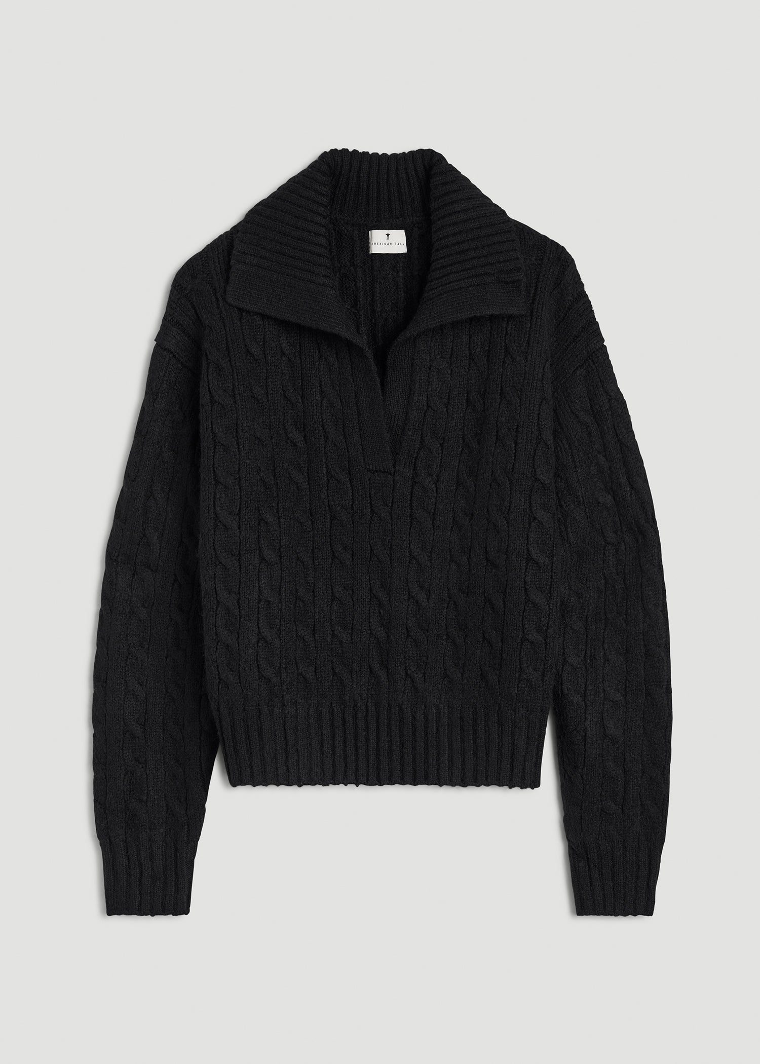 American Tall Women Johnny Collar Cable Knit Sweater for Tall Women in Black