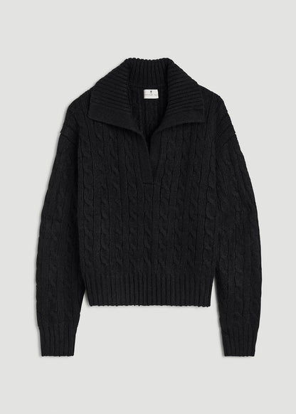American Tall Women Johnny Collar Cable Knit Sweater for Tall Women in Black