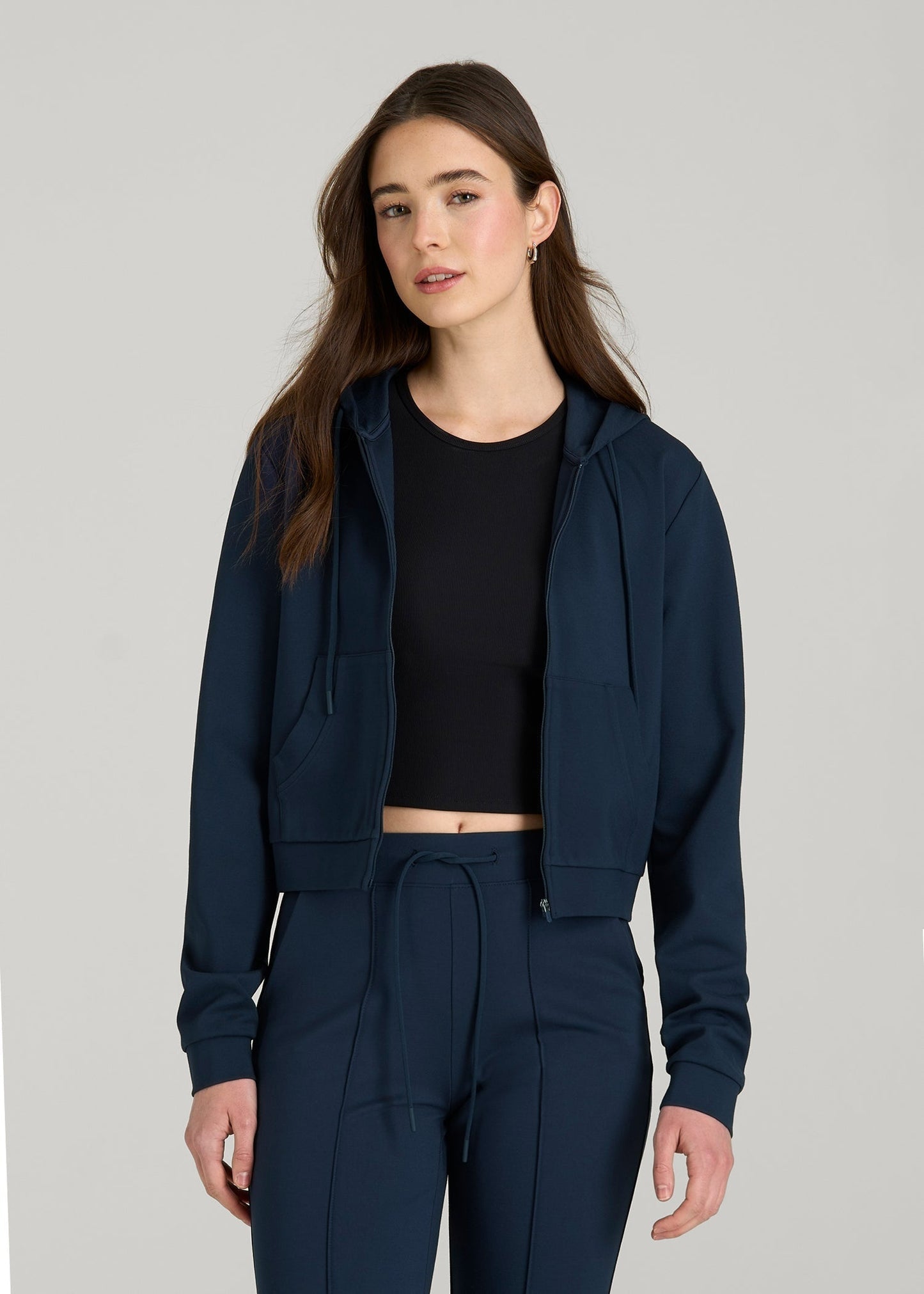 American Tall Women Soft Flex Ponte Cropped Hoodie for Tall Women in Navy