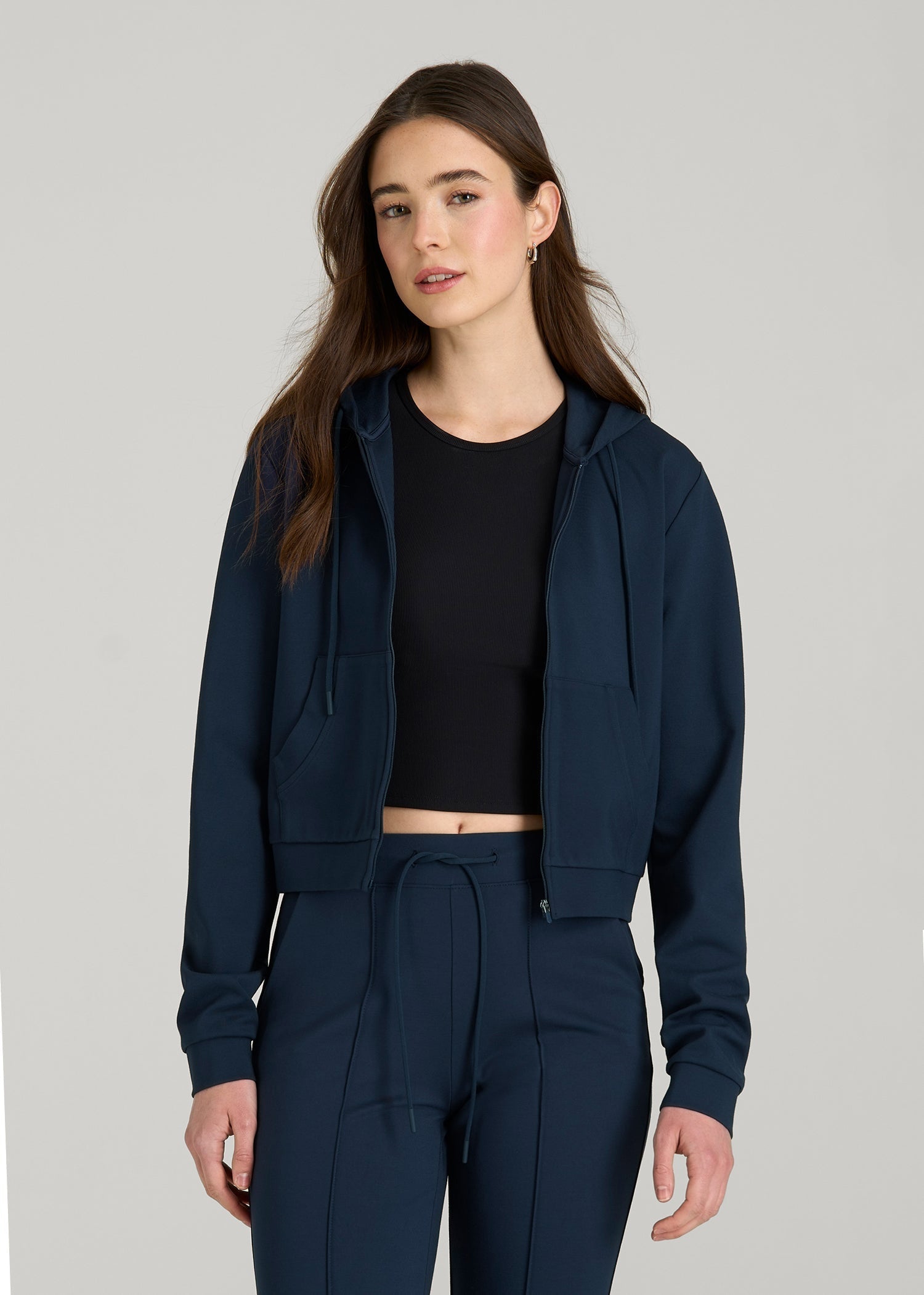 American Tall Women Soft Flex Ponte Cropped Hoodie for Tall Women in Navy