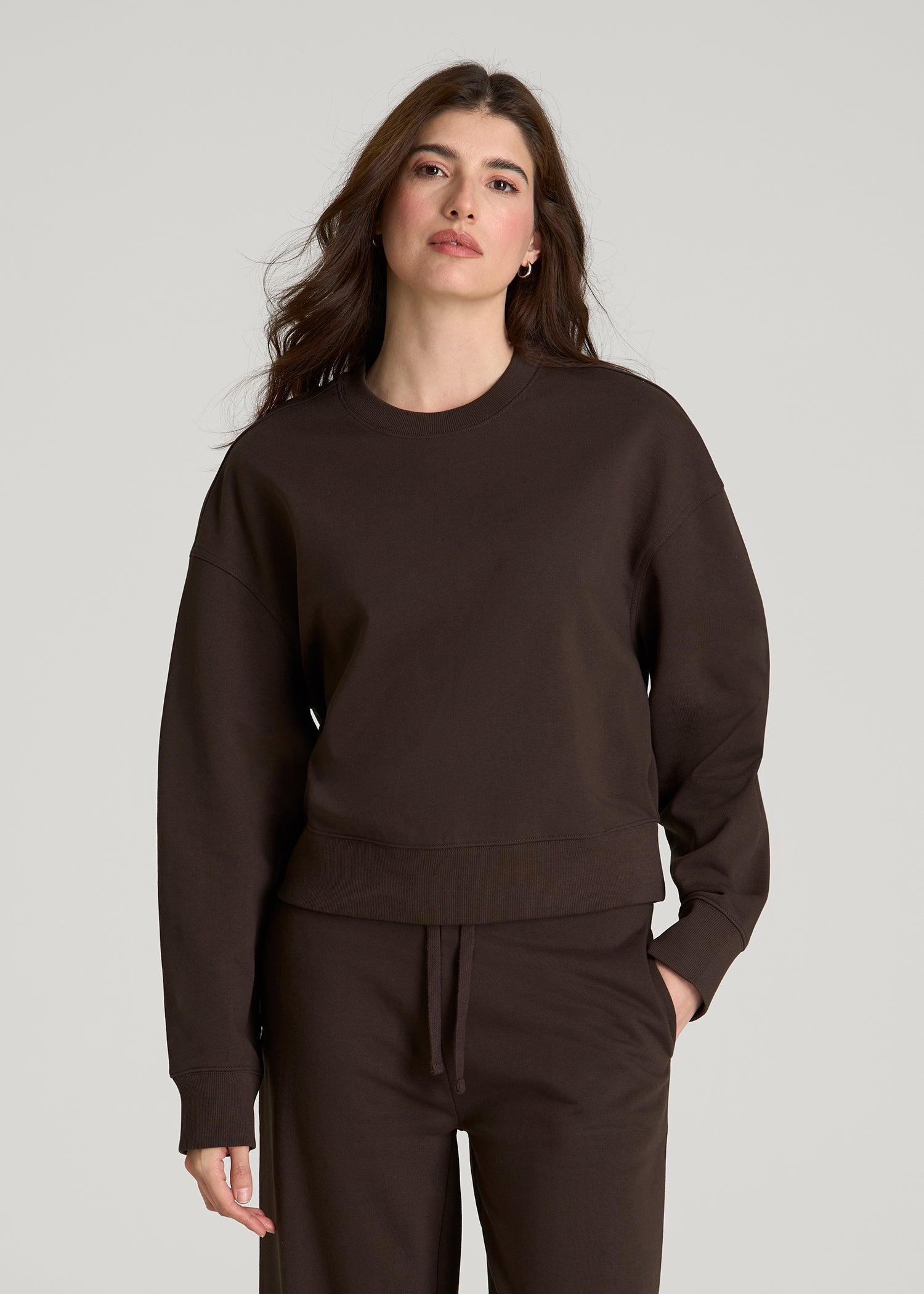American Tall Women Everyday Terry Cropped Crew for Tall Women in Espresso