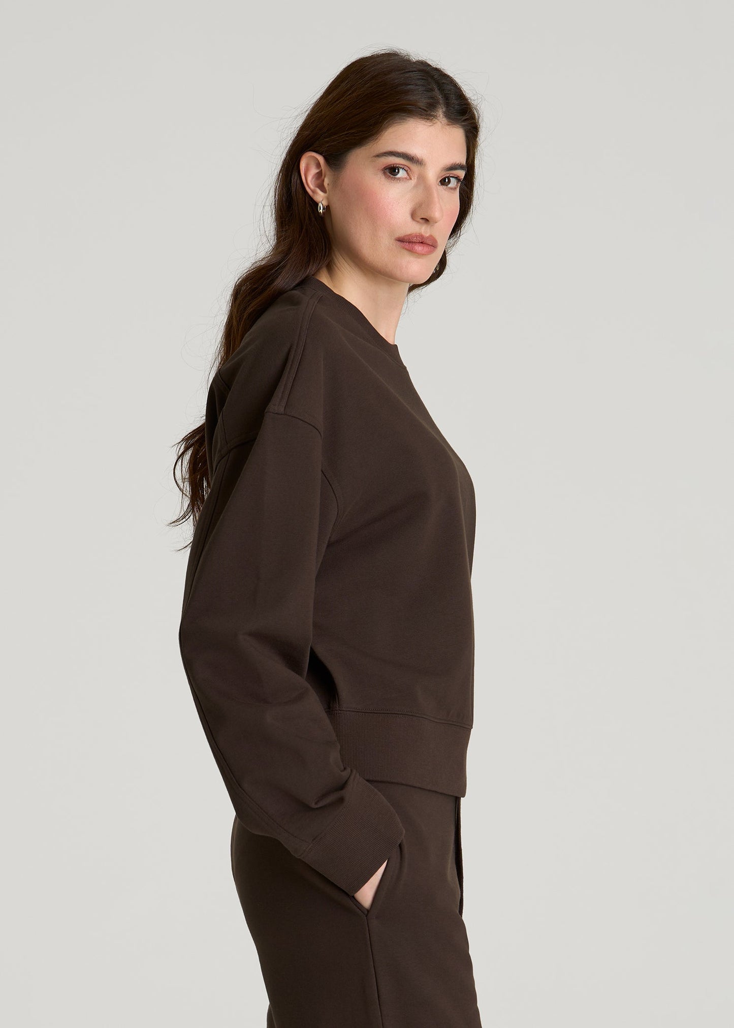 American Tall Women Everyday Terry Cropped Crew for Tall Women in Espresso