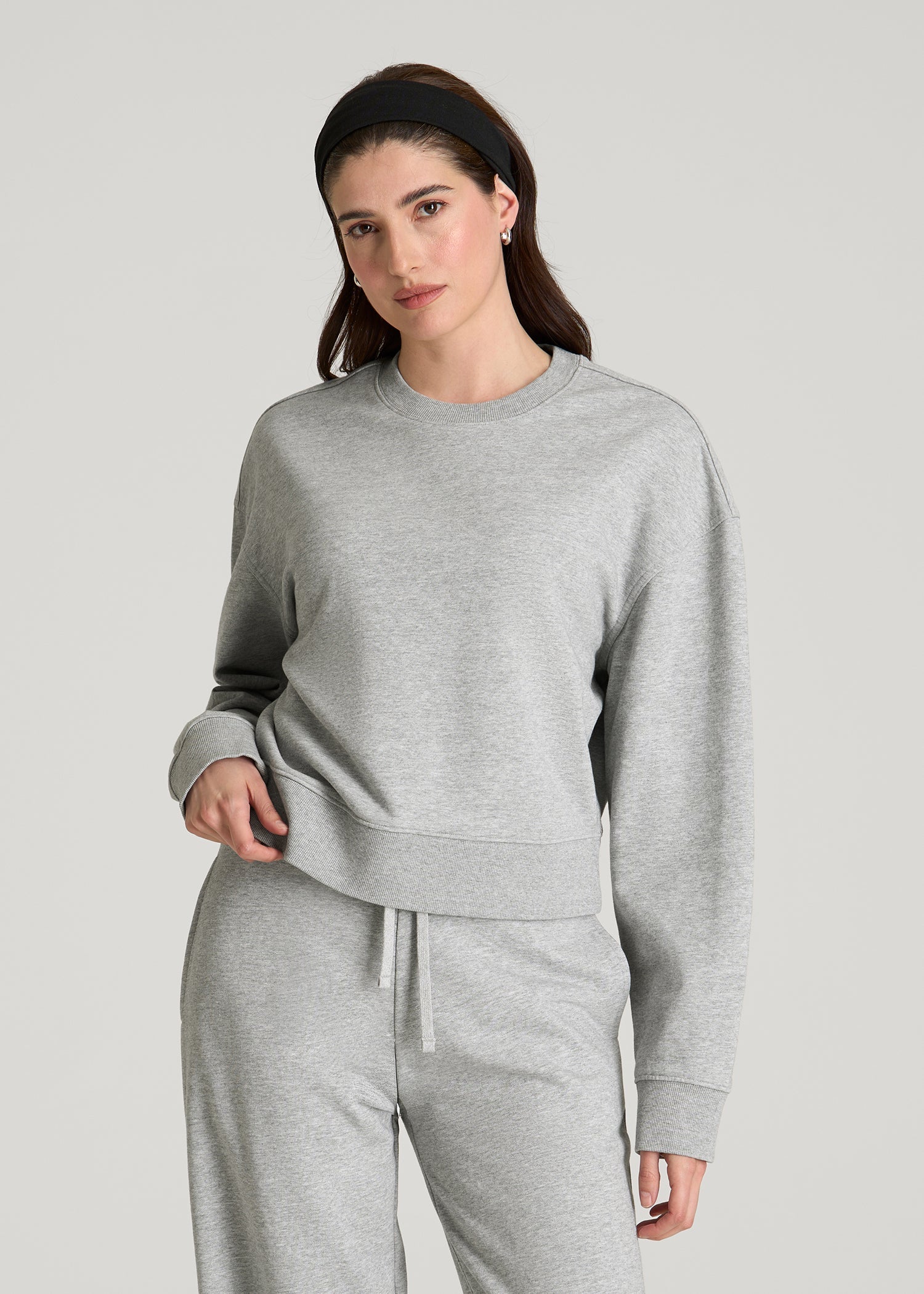 American Tall Women Everyday Terry Cropped Crew for Tall Women in Grey Mix