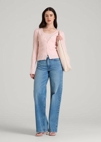 American Tall Women Boucle Knit Cardigan for Tall Women in Barely Pink