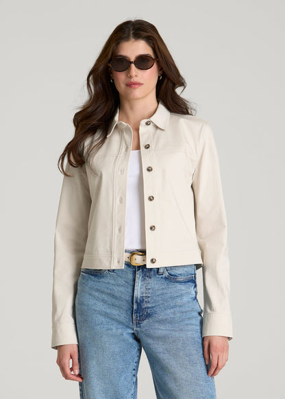 American Tall Women Stretch Commuter Military Cropped Cargo Jacket for Tall Women in White Sand