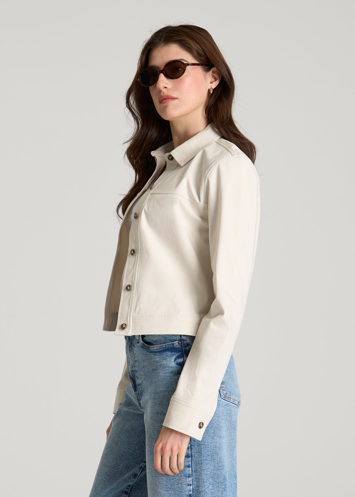 American Tall Women Stretch Commuter Military Cropped Cargo Jacket for Tall Women in White Sand